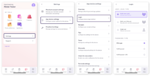 A series of four mobile app screens showing the navigation path within a POS system's settings, from the main menu to selecting a user login type and password method.